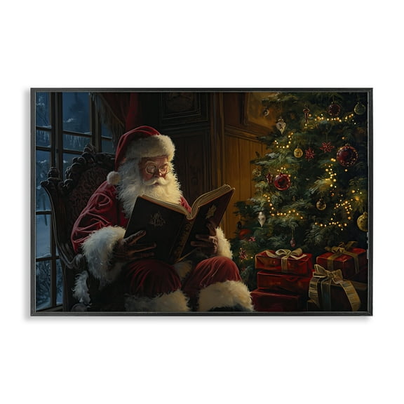 Stupell Industries Santa Reading by Tree Holiday Painting Black Framed Art Prints Wall Art, 18 x 12