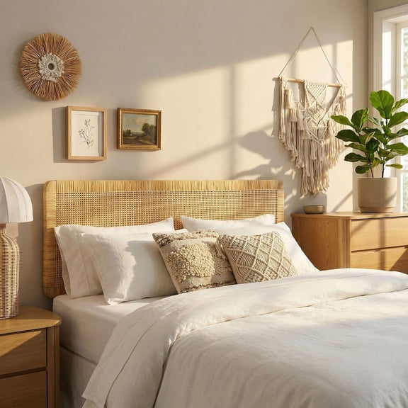 Sandy Wall Mounted Wood and Rattan Full Size Headboard in Natural Rattan