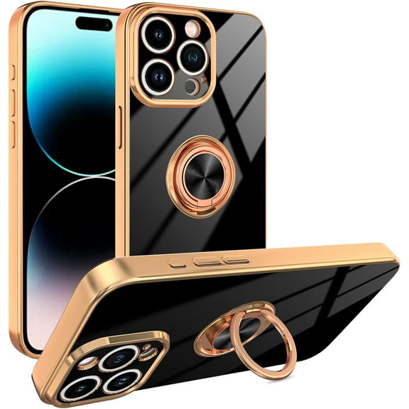 for Black iPhone 15 Pro Max Case with Ring Holder Kickstand [with Magnetic] Soft TPU Bumper, Glitter Gold Electroplated Cover Full Camera Protective Phone Case for iPhone 15 Pro Max 2023
