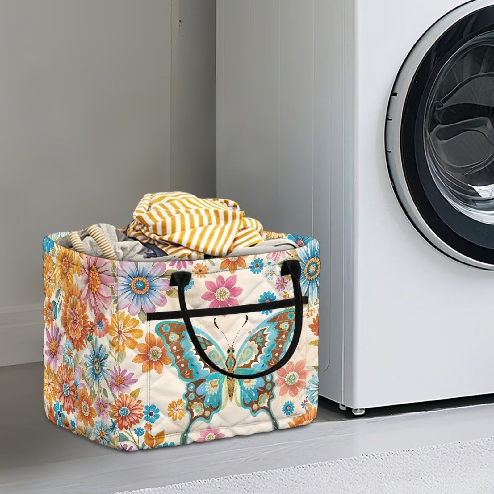 Yuyamidu Colorful Butterfly Storage Basket Fabric with Handles Quilted Basket Large Capacity Laundry Basket Portable Folding Storage Nursery Organizer Bin for Clothes Toys