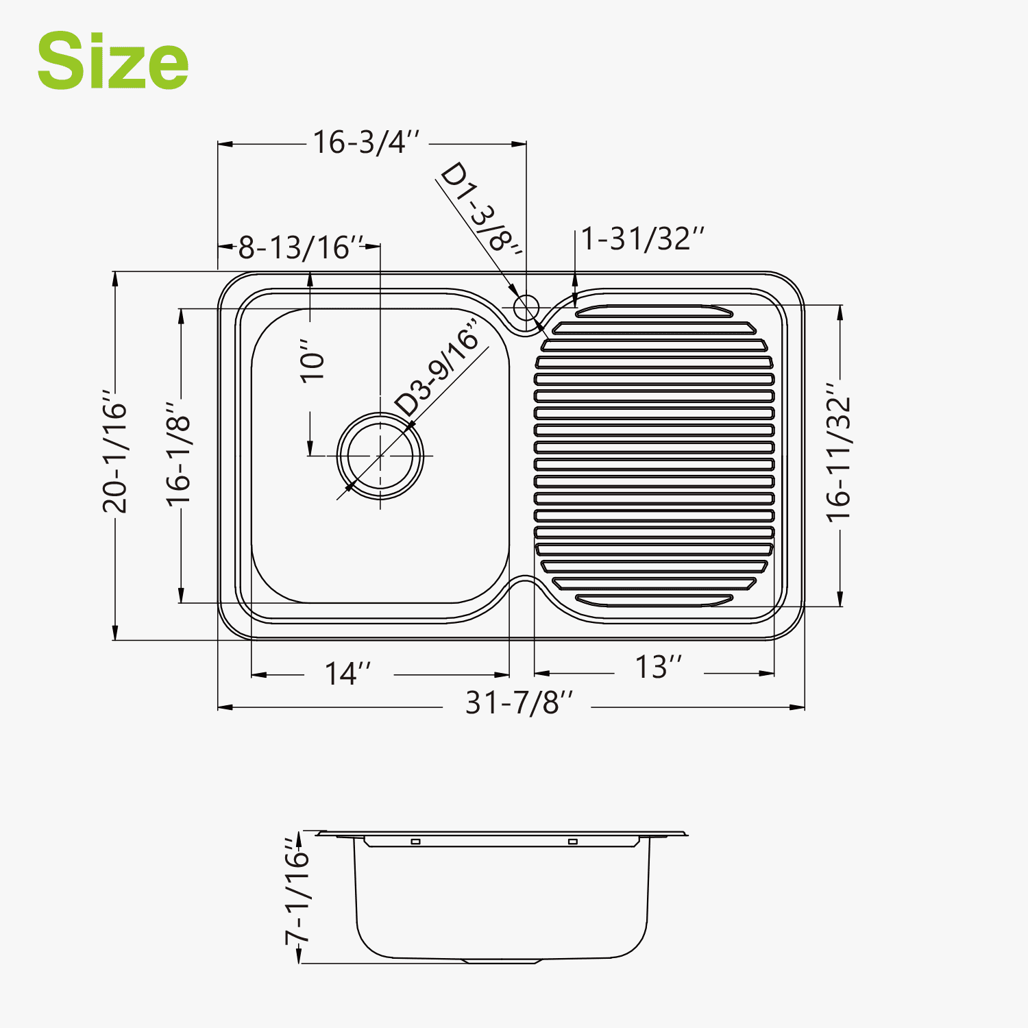 Naiture Drop-In Kitchen Sink, Rectangular Single Bowl Top Mount Sink, 21-Gauge 304 Stainless Steel, 32"L with Right Drainboard and Single Faucet Hole