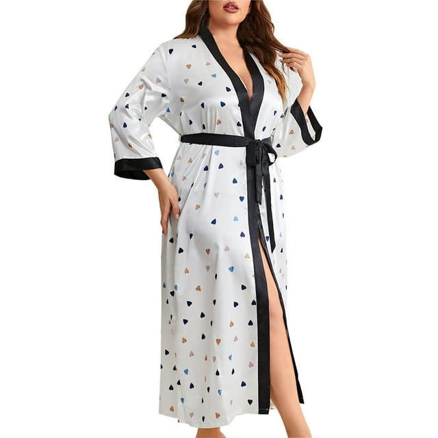 Timegard Chemises de Nuit Grande Taille pour Femmes Imprimé Col en V Manches Longues Robe d'Intérieur à Blocs de Couleur Longue Robe de Nuit