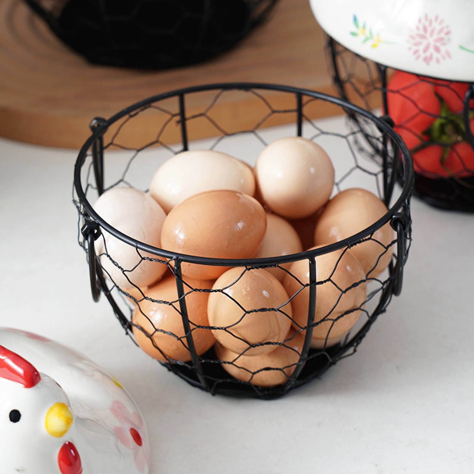 Farmhouse Egg Basket with Ceramic Lid, Black Wire Egg Holder for Fresh Eggs, Decorative Chicken Design Egg Storage Container, Kitchen Countertop Organizer Case for Eggs