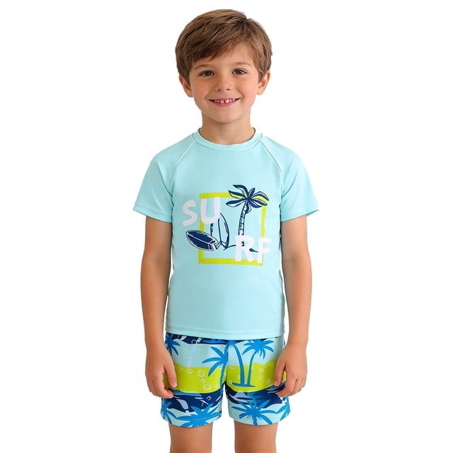 Boy Rash Guard Short Sleeve Cartoon Print Swim Shirts Swim Trunks 2 Piece Swim Set Sun Protection Kids Swim Suits Boys 6-7 Years
