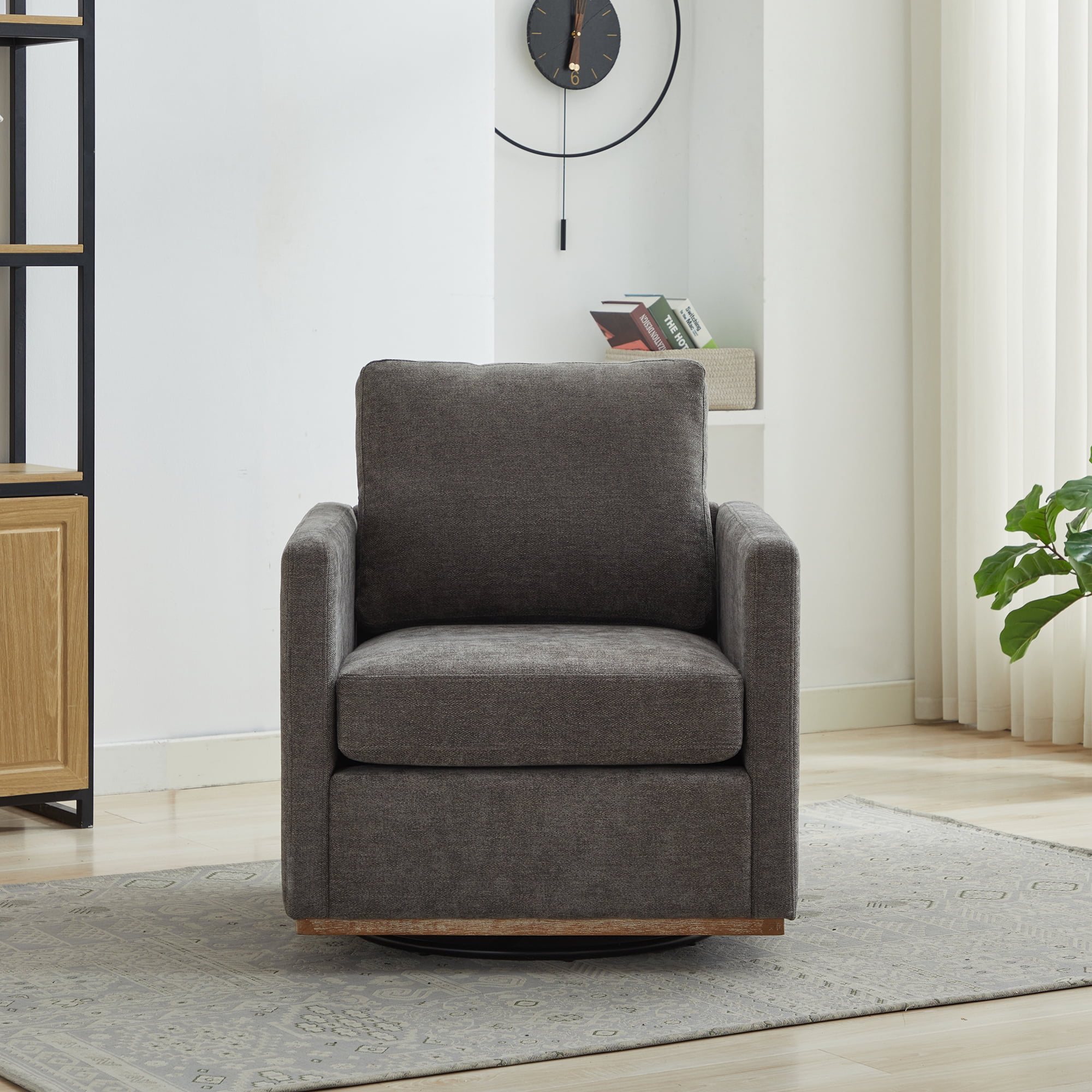 360° Swivel Accent Chair Chenille Arm Chair Upholstered Single Sofa Chair with Wooden Base,Club Lounge Reading Armchair for Living Room Bedroom Apartment,Charcoal