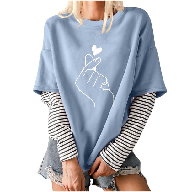 Blusa de manga larga de dos pines falsos con empalme a rayas y cuello redondo para mujer Pompotops gfhjh19672