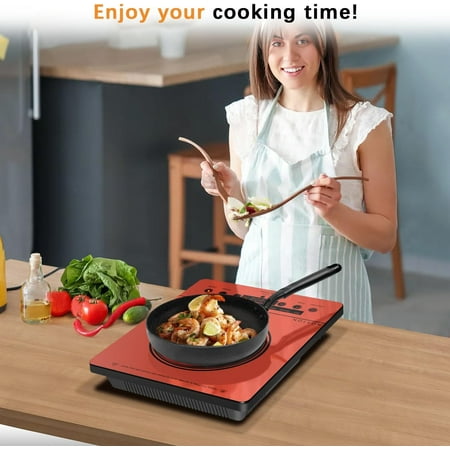 Noxton Portable Electric Stove 110V, 1800W Single Burner Electric Cooktop, Countertop Burner Electri Hot Plate, 4 Hour Timer, 9 Power Level, Child Safety Lock, Compatible with All Cookware(Red)