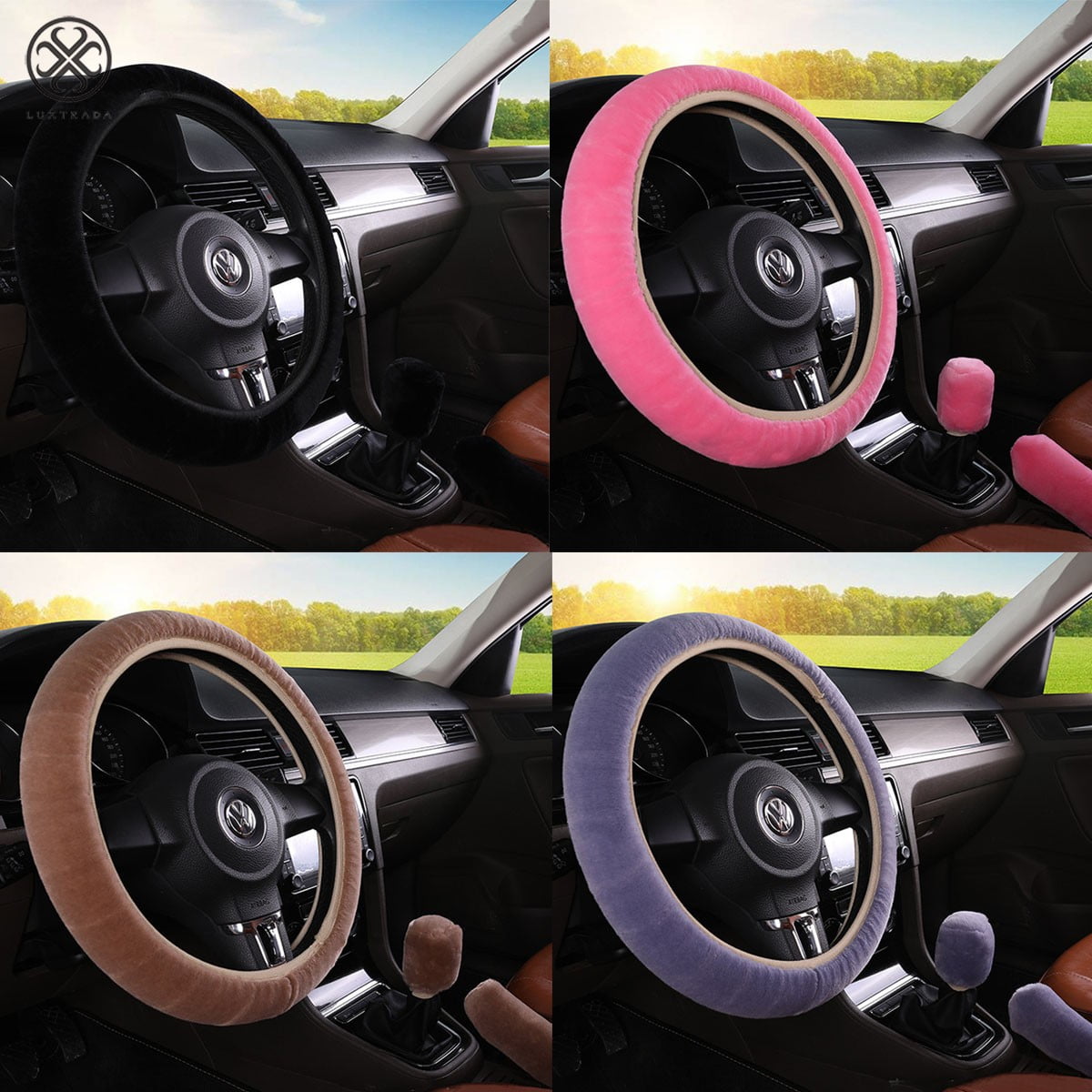 Pink Cdycam Non-slip Car Decoration Steering Wheel Handbrake Gear Shift Cover Plush New 
