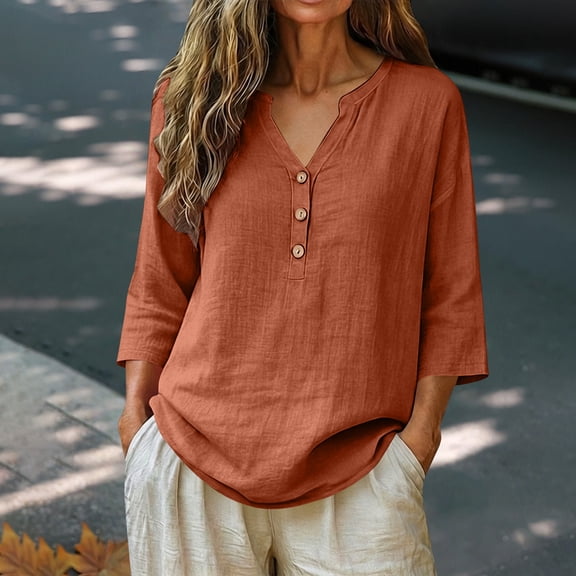 Dresfit Women's Linen Tops 3/4 Sleeve Button Down Gauze Shirts Summer 2026 V Neck Dressy T Shirts Lightweight Plus Size Dressy Casual Blouses L