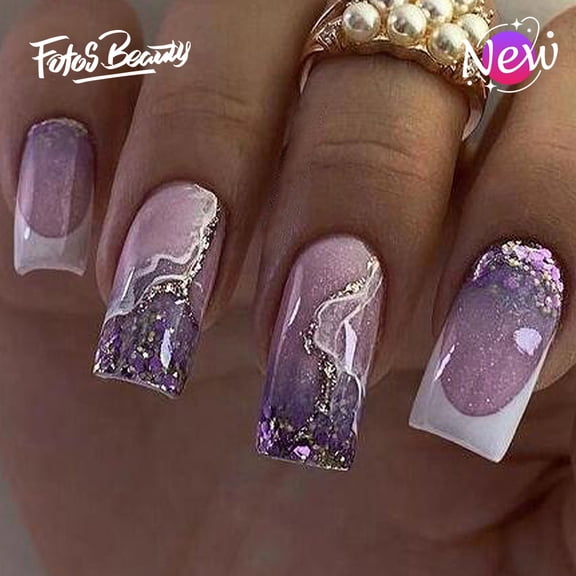 Fofosbeauty Press on Nails Tips, 24pcs Artificail Nails Tips Design, Medium Coffin Taro Purple Beach Style