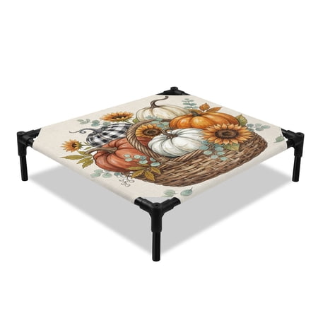 Fall Elevated Dog Bed Farmhouse Autumn Harvest Pumpkin Sunflower Basket Linen Cooling Breathable Outdoor Raised Dog Cot Bed with Metal Frame Non-Slip Feet for Small Dog 20x20in