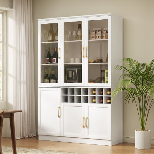 70.87" Tall Wine Bar Cabinet with Glass Doors, Modern Liquor Cabinet with Removable 14-Bottle Wine Rack & Built-in Door Shelves, High-Capacity Home Bar Storage Cabinet, White