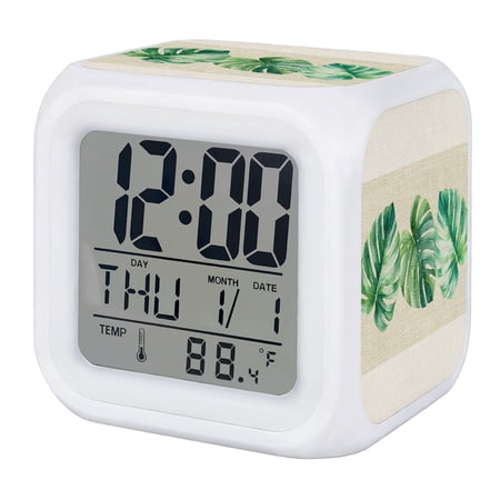 Tropical Leaves Digital Alarm Clock for Bedrooms, Smart LED Alarm Clock with 7 Color Changing Night Light, Palm Leaf Summer Botanical Rustic Silent Wake Up Clocks for Sleep Study Cooking 3.2x3.2