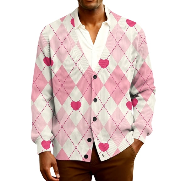 Fgvctg Valentine's Day Mens Cardigan Sweaters Ribbed Knit Romantic Love Heart Graphic Sweaters Long Sleeve Casual Coat Sweet Button Up Pretty Spring Clothing Light pink 3XL