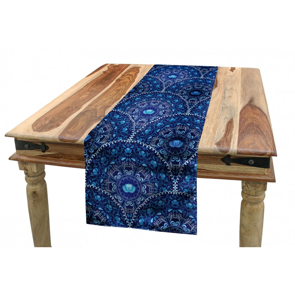 Navy Blue Table Runner, Circular and Floral Alike Oriental Style