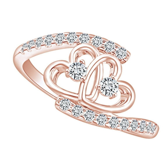 AFFY 1/3 Carat CT Round White Natural Diamond Double Heart Bypass Promise Ring 10k Solid Rose Gold (I-J Color, I2-I3 Clarity, 0.33 Cttw) Ring Size-5