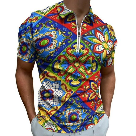 Mexican Talavera Ceramic Tile Pattern Men Zipper T-shirt Summer Casual Short Sleeve T-shirt Top