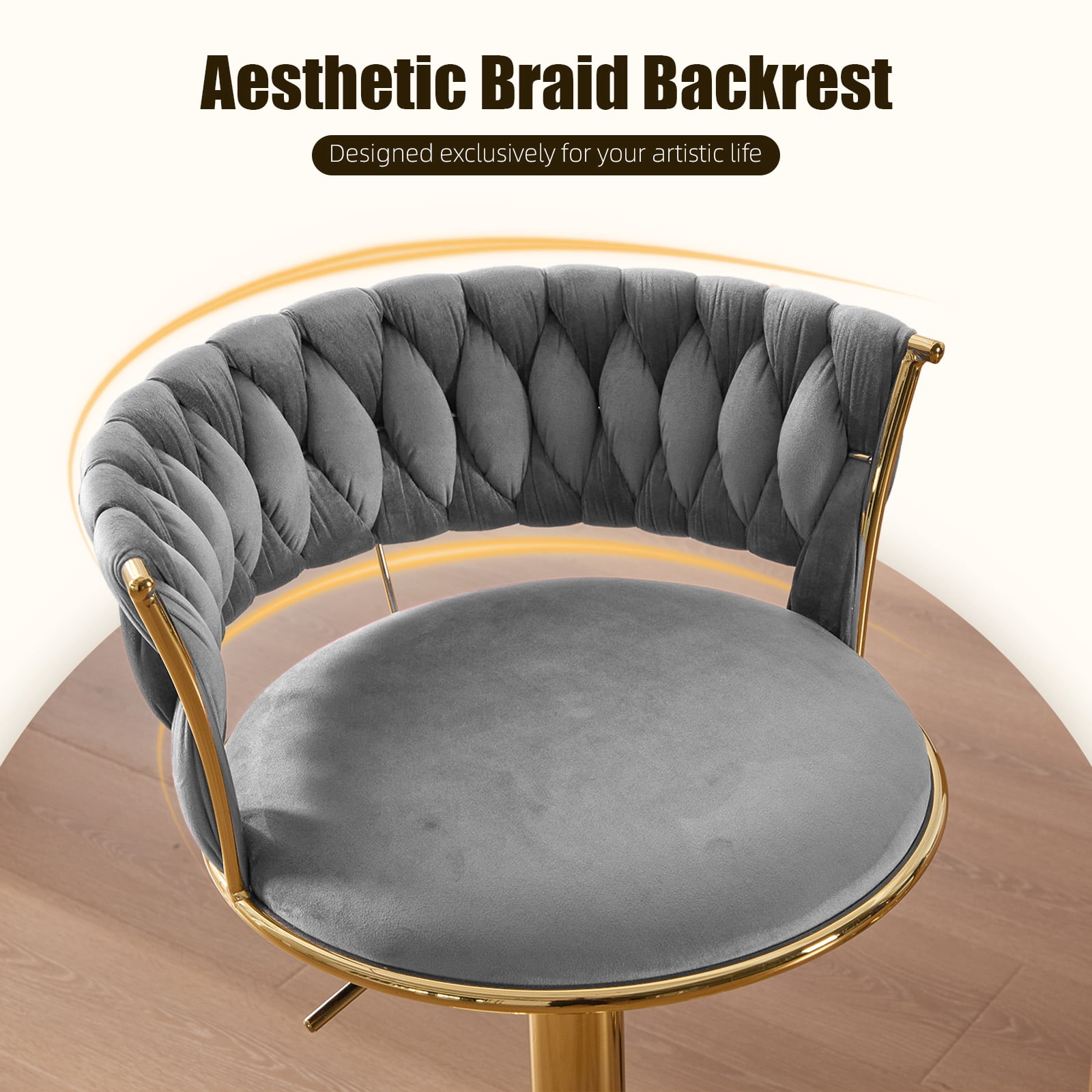 MOONMISS Velvet Bar Stools Set of 2,Height Adjustable Swivel Counter Chairs with Back,Modern Gold Metal Base for Kitchen Pub,Gray