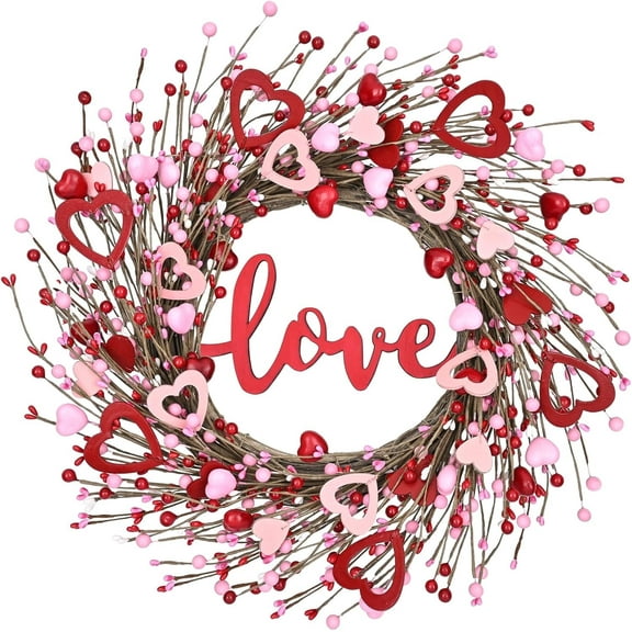 Dolicer 18 Inch Valentine's Day Wreath for Front Door,Artificial Berry Wreath with Wooden Hearts for Anniversary Wedding Party Decor
