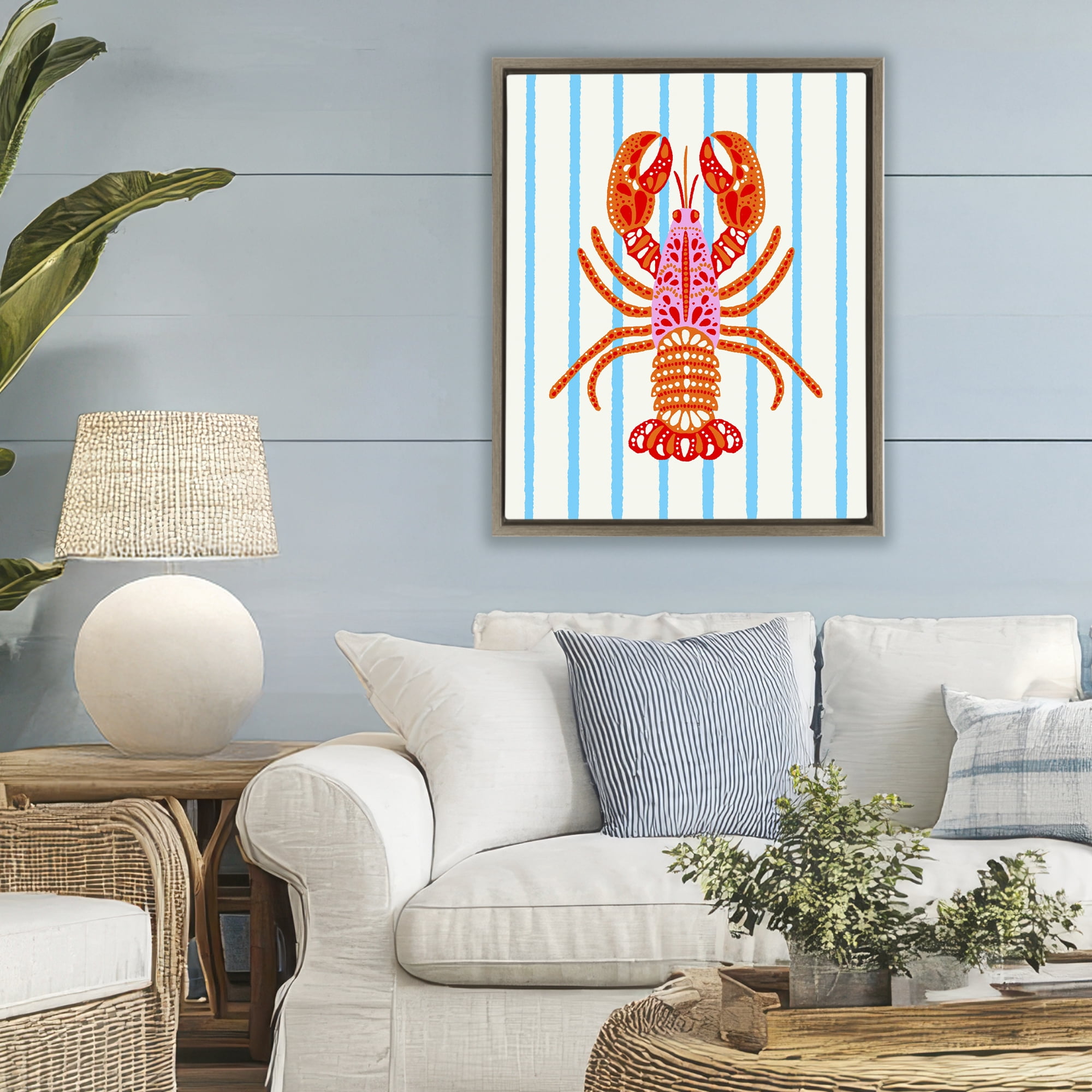 Stupell Industries Bright Boho Lobster on Stripes Brown Framed Floater Canvas Wall Art, design by Indira Prieto | IndySign