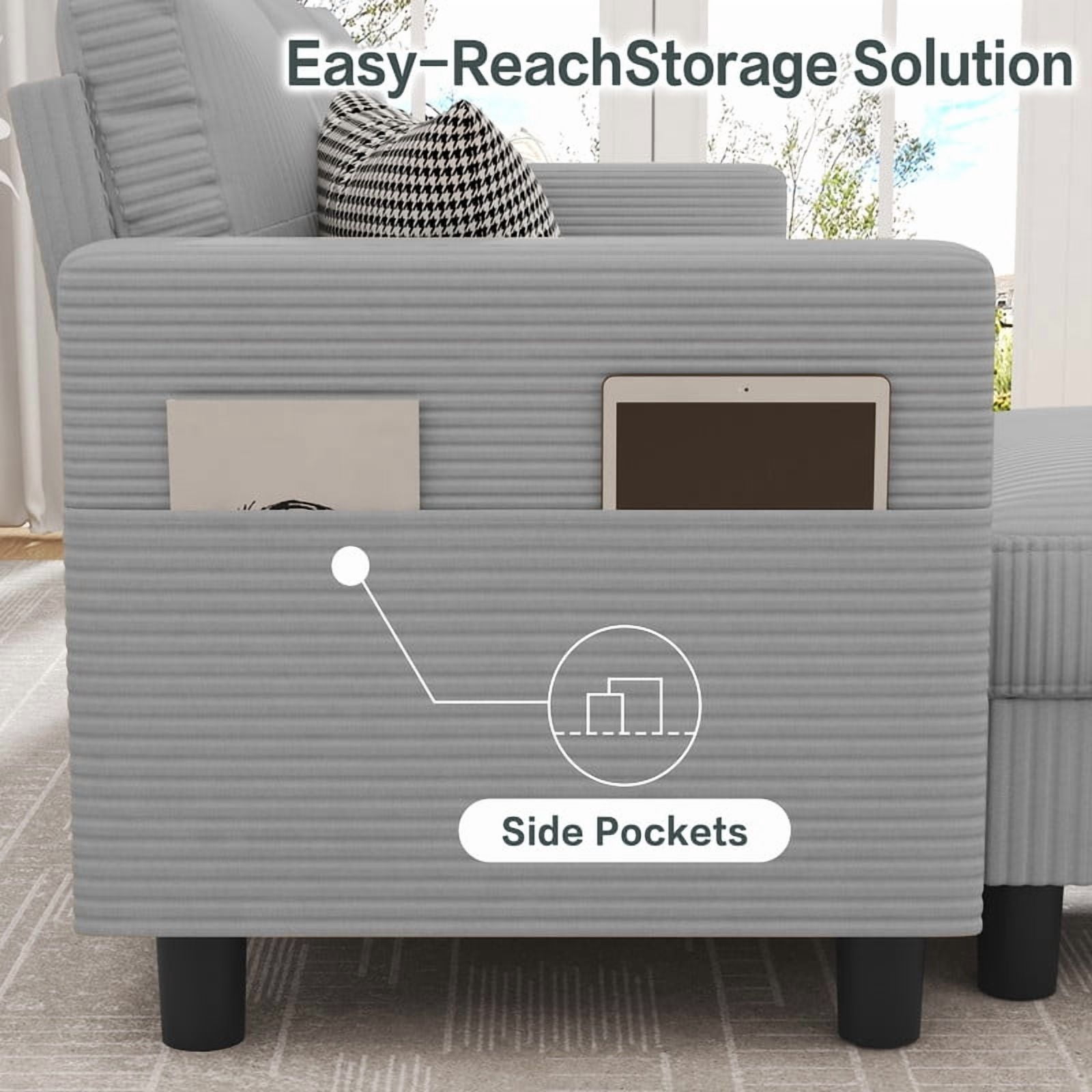 Walsunny Convertible Sectional Sofa Couch, Modern Linen Fabric L-Shaped Couch 3-Seat Sofa Sectional with Reversible Chaise for Small Living Room, Apartment and Small Space,Light Gray