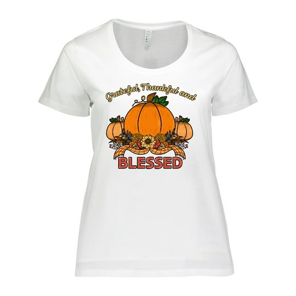 Inktastic Thankful Grateful and Blessed Pumpkins and Sunflower Women's Plus Size T-Shirt