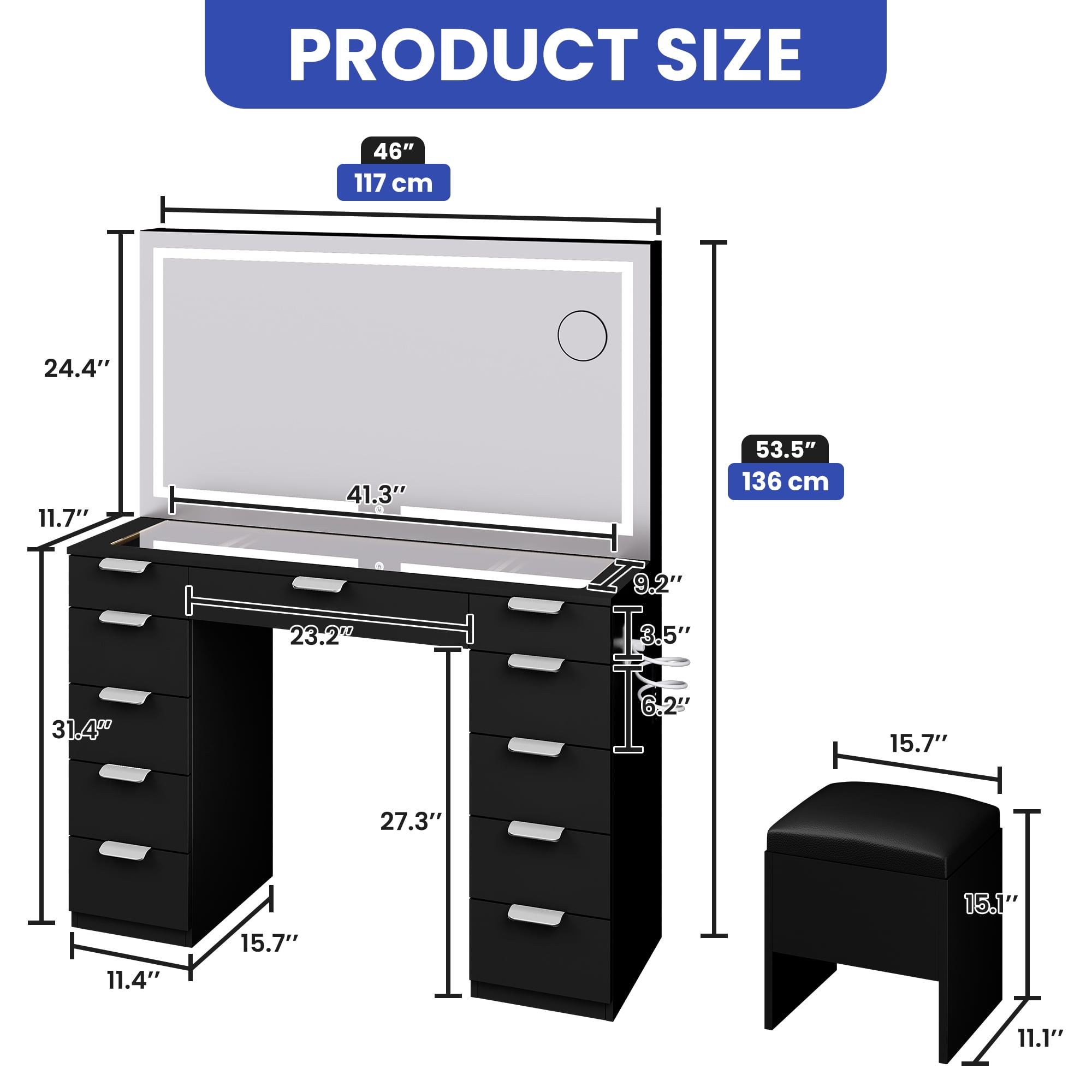 Uforic Elegant Black Vanity Desk Set with LED Mirror and Glass Top