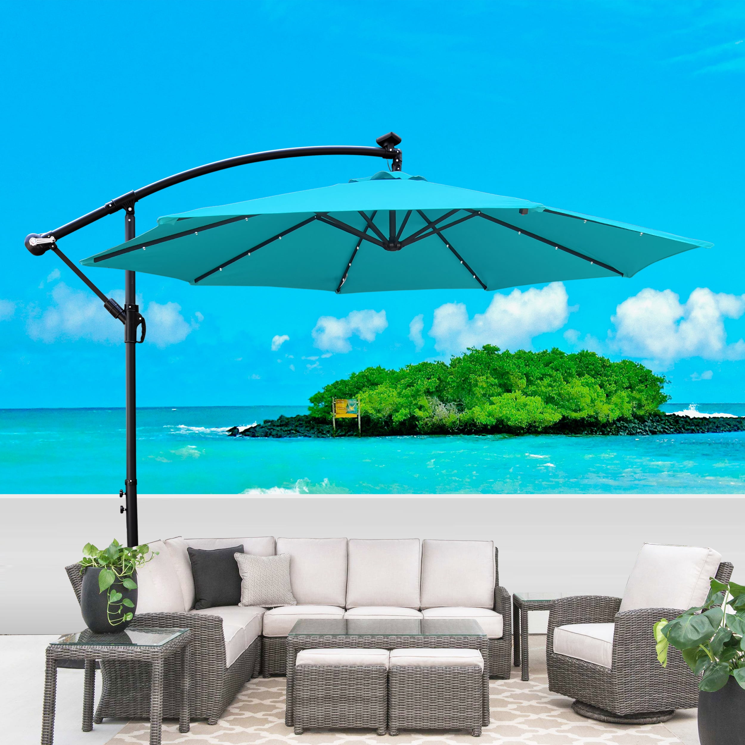 Royard Oaktree 10FT Patio Offset Umbrella w/Solar LED Lights Outdoor Cantilever Hanging Umbrella w/Crank & Cross Base UV Protection Sun Shade for Market Garden Lawn Deck Backyard Pool,Turquoise