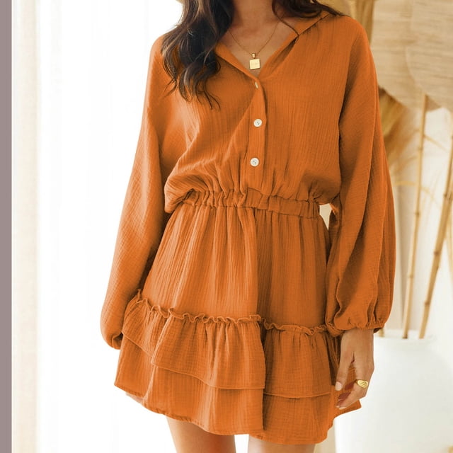 Fankiway Clearance Long Sleeve Dresses Women'S Long Sleeved Lantern Sleeve V-Neck Button Ruffle Layered Color Mini Dress Womens Dresses Plus Size Clearance