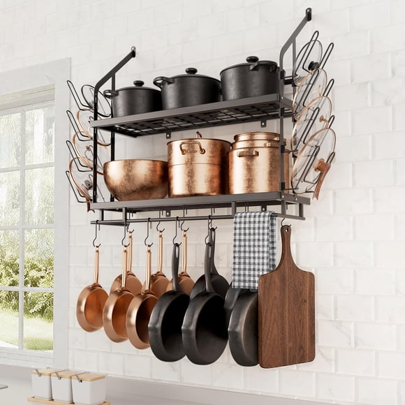 KES Support Mural pour Casseroles de 30 Pouces avec 8 Supports de Couvercle Sécurisés et 12 Crochets Robustes, Organisateur de Casseroles et Poêles Suspendu à 2 Niveaux pour Cuisine, Rangement Ample pour Casseroles Hautes