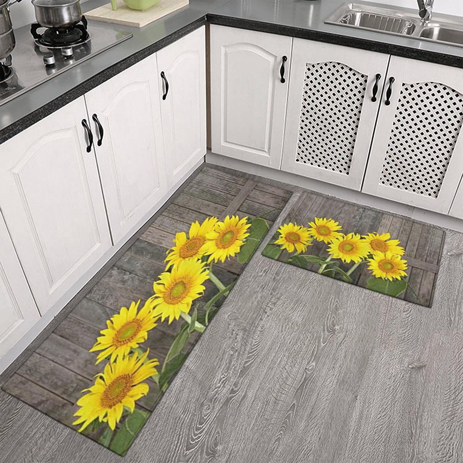 Sunflower Kitchen Mat Set of 2 Yellow Helianthus Brown Fence Wood Board ...