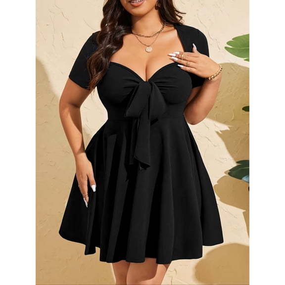 Black, stylish, elegant, pleated, tie-up V-neck short-sleeved A-line dress.