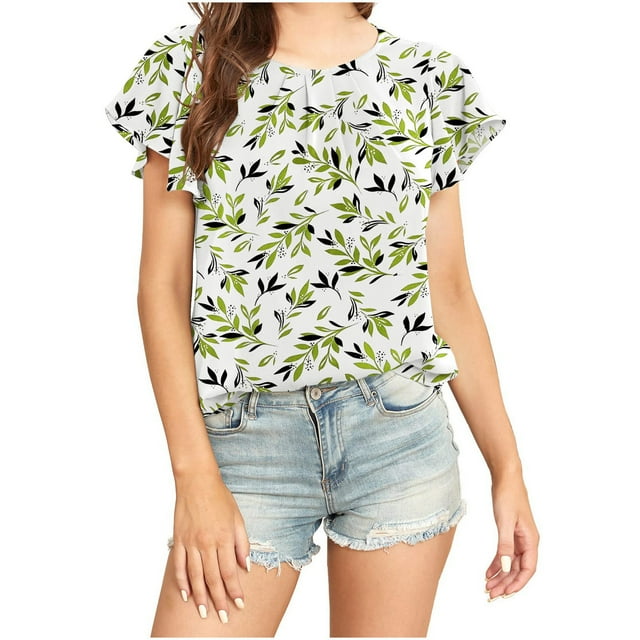 EQWLJWE Hauts d'Été pour Femmes Hauts pour Femmes en Liquidation T-shirt Décontracté Imprimé Col Rond Manches Courtes Chandail Blouse Hauts