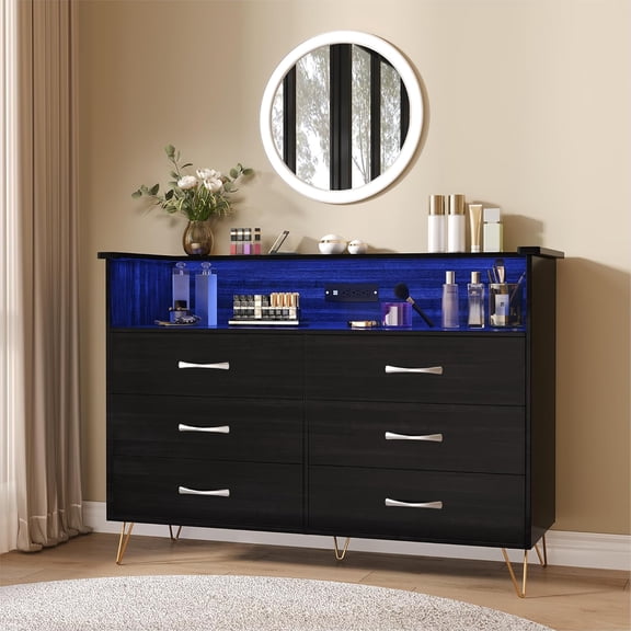 6-Drawer Dresser with USB Charging Station & LED Lights, Modern Wide Chest of Drawers, Large Bedroom Storage Tower Organizer in Black