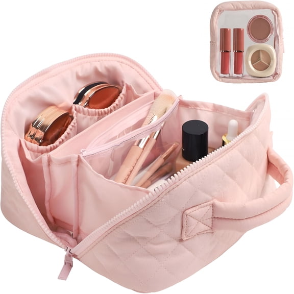 GASTROPOD Travel Makeup Bag for Women, Puffer Quilted Open Flat Makeup Organizer with Toiletry Bag, Portable Cosmetic Case for Travel & Daily Use,Pink