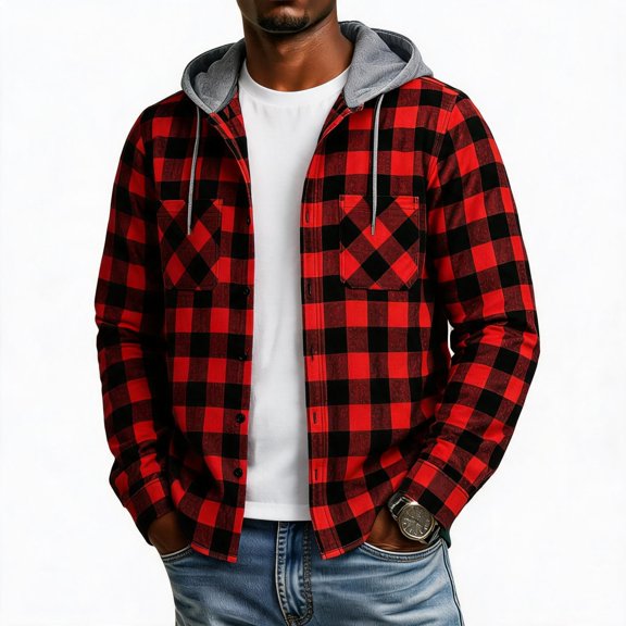 Dweltoz Men's Plaid Flannel Hoodie Shirt Fashion Casual Long Sleeve Button Up Jacket with Pocket Fall to Winter,Red XL