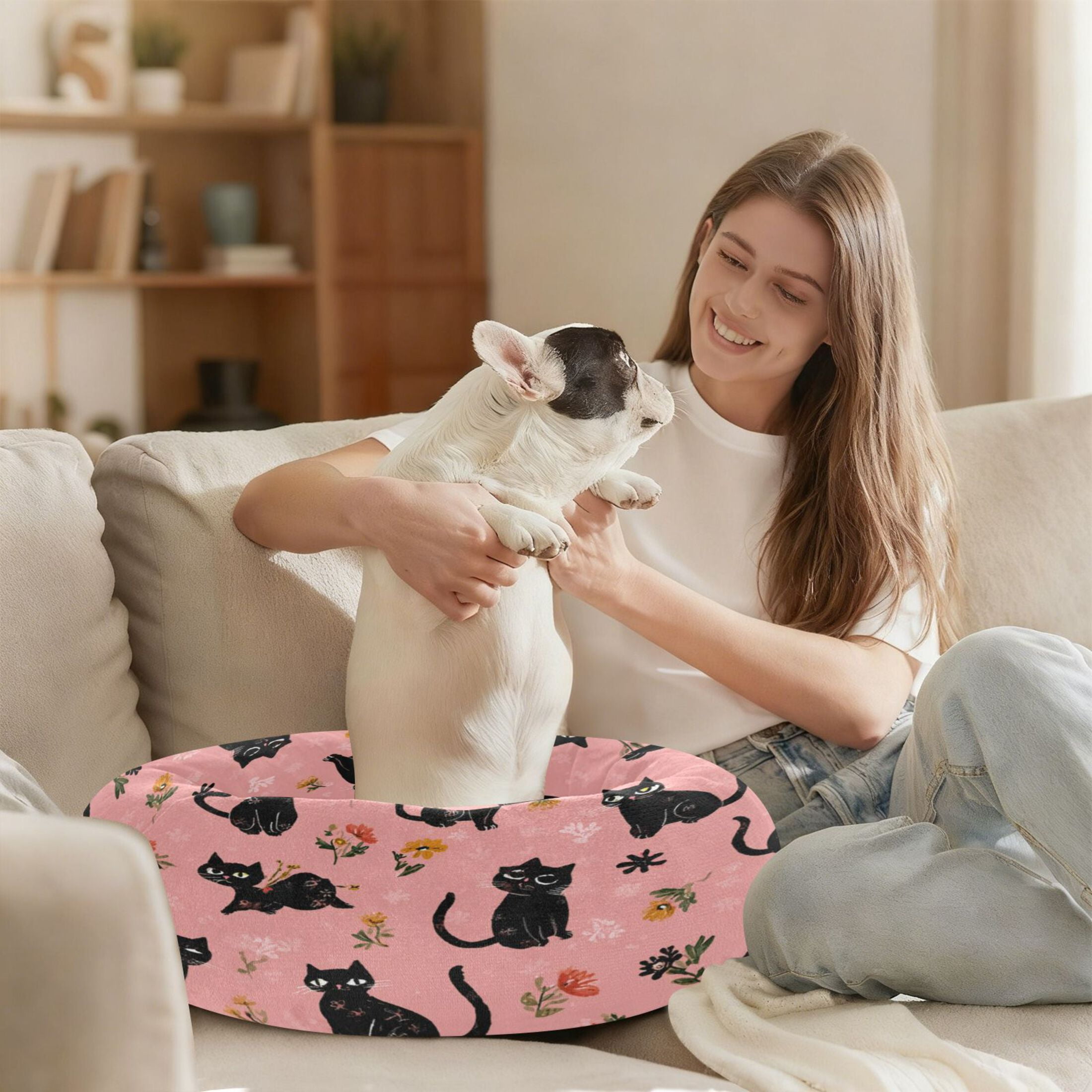 Iauyy Pet Couch Donut Cat Bed for Indoor Cats/Small Dogs Washable & Machine with Non-slip Bottom Calming Cat Furniture, Simple Sketch Of A Kitten (XS)