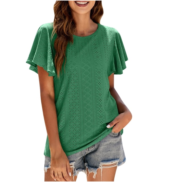 Jgppe Summer Blouses for Women Casual Hollow out Solid Color Crew Neck Ruffle Short Sleeve Slim Blouses