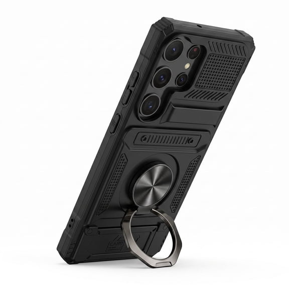 Case for Samsung Galaxy S26 Ultra Case with Card Holder, 360° Rotatable Ring Kickstand, Military Grade Drop Protection, Metal Patch for Magnetic Car Mount, Wallet Phone Case,Black