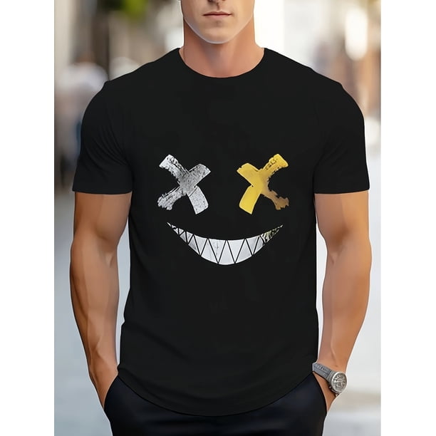 Camiseta informal de cuello redondo para hombre con estampado facial abstracto, 100 % poliéster, ligera elasticidad, corte regular, estampado geométrico. Camiseta informal.