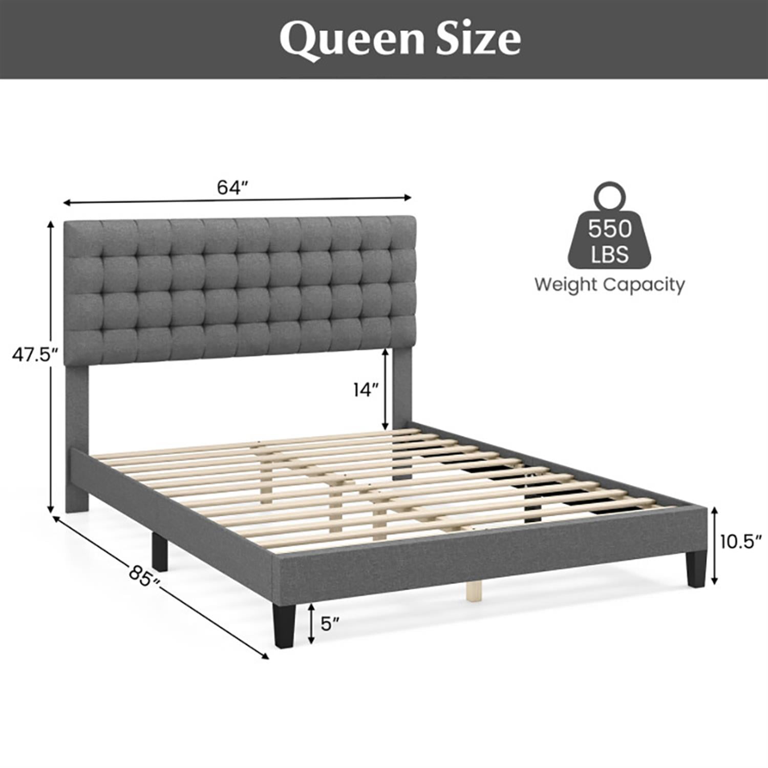 Demi Bonn Queen Size Upholstered Platform Bed Frame with Square Stitched Headboard and Wooden Slats Support, Fully Upholstered Mattress Foundation, Gray