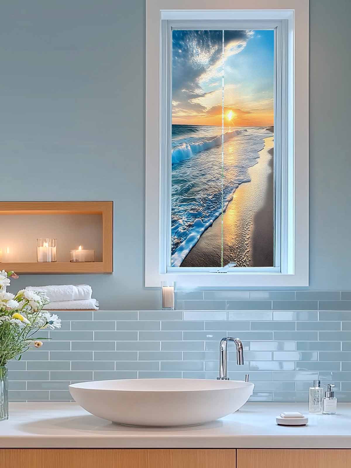 Sunset Beach Privacy Window Film, Decorative Frosted Glass Window Film, Spray Ocean Waves Sky Nature Scenery Reusable Peel and Stick Static Cling for Home Bathroom Office Glass Door 23.6"x59"