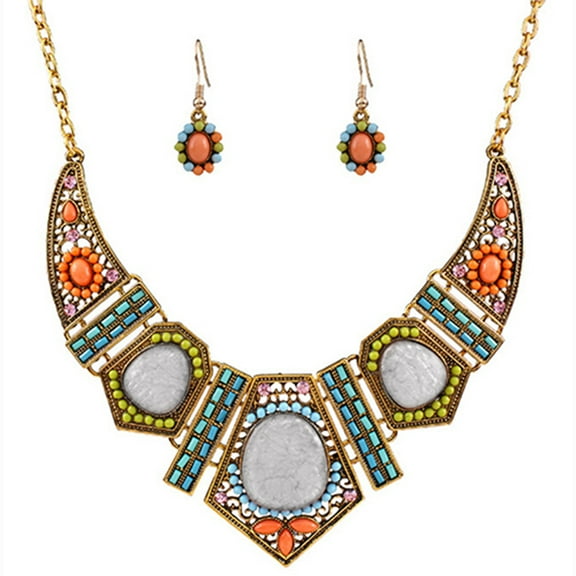 Yesbay Women's Boho Colorful Hollow Statement Chain Choker Necklace Hook Earrings Set-