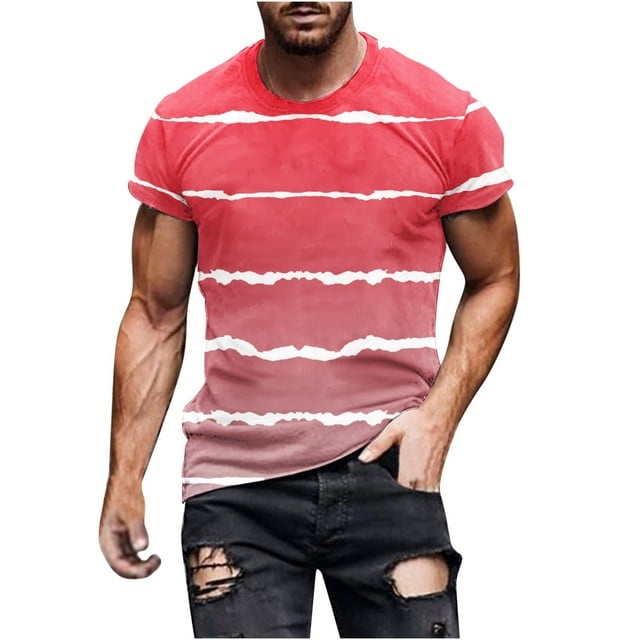 Penkiiy T-Shirt Homme Décontracté Col Rond Rayé Imprimé Chandail Entraînement Physique Manches Courtes m Rose