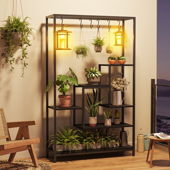 Support pour Plantes – Étagère Haute à 5 Niveaux de 70,9 Po en Métal et Bois – 6 Crochets Suspendus – Étagère Polyvalente – Bonsaï et Fleurs – Salon, Balcon et Jardin – Grain de Bois Noir