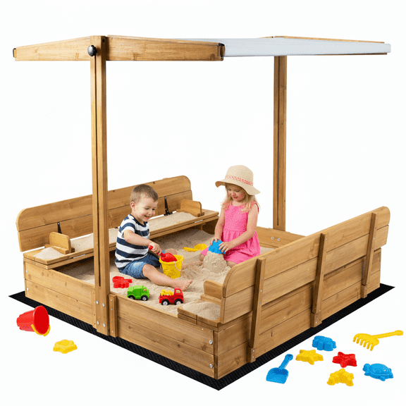 Sandbox with  UV-Resistant Canopy, Foldable Bench Seats and Liner for Kids, Solid Wood, 47x47in