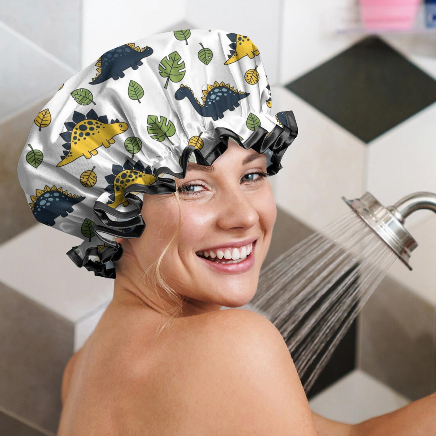 Shower Caps,White Cartoon Dinosaurs Green Yellow Leaves Pattern Waterproof Shower Cap for Women 4 Pieces,Double Reusable Hair Cover for Shower PEVA Elastic Stretch Hem