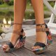 thumbnail image 2 of Bmisegm Ladies Summer Retro Ethnic Style Printing High Heel Thick Bottom Buckle Large Size Slope Heel Sandals Sandals Women Summer Black 7.5, 2 of 9
