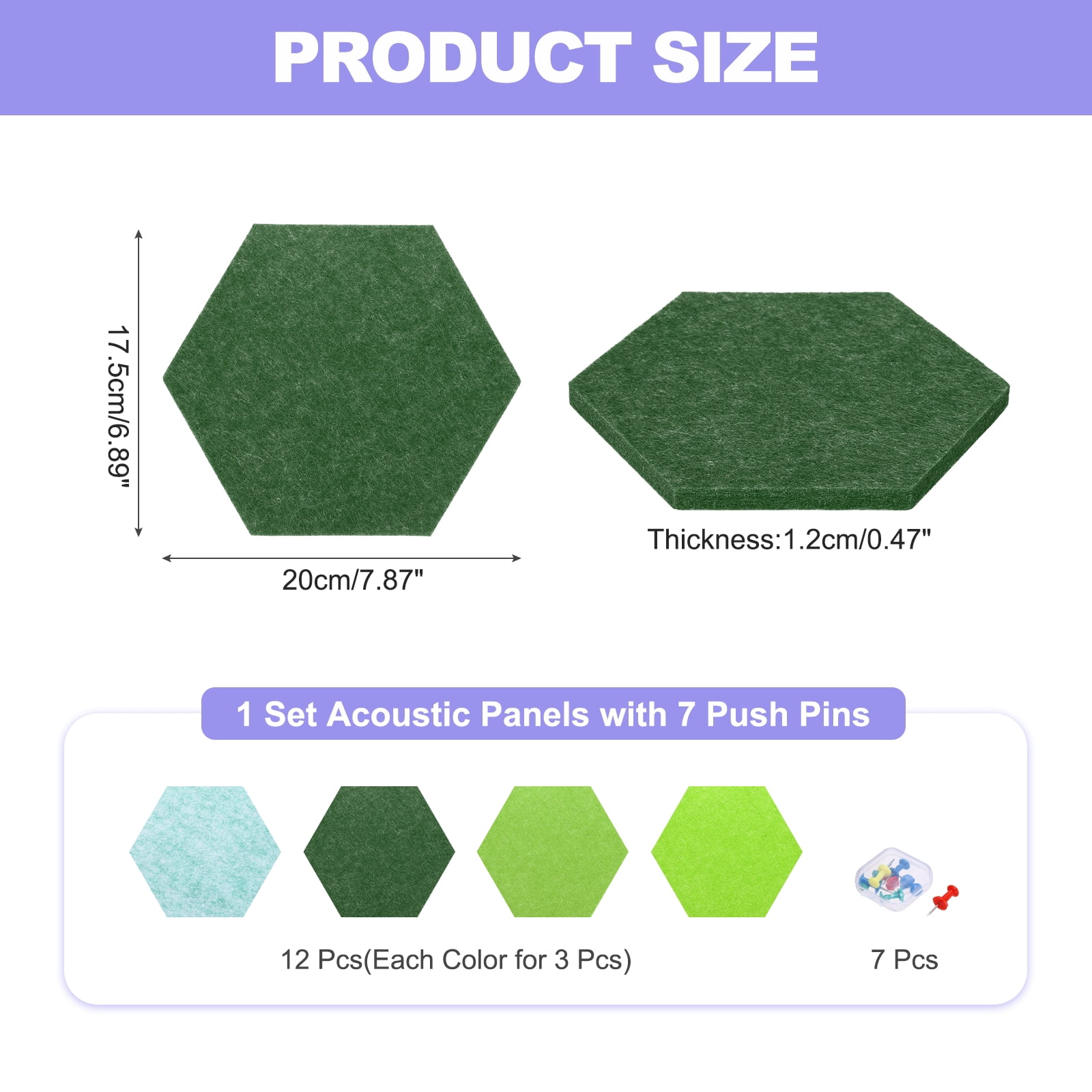 Uxcell 12 Pcs Hexagon B1 Acoustic Panels with Push Pins 7.87'' x 6.89'' Light Green Dark Green Fruit Green Green
