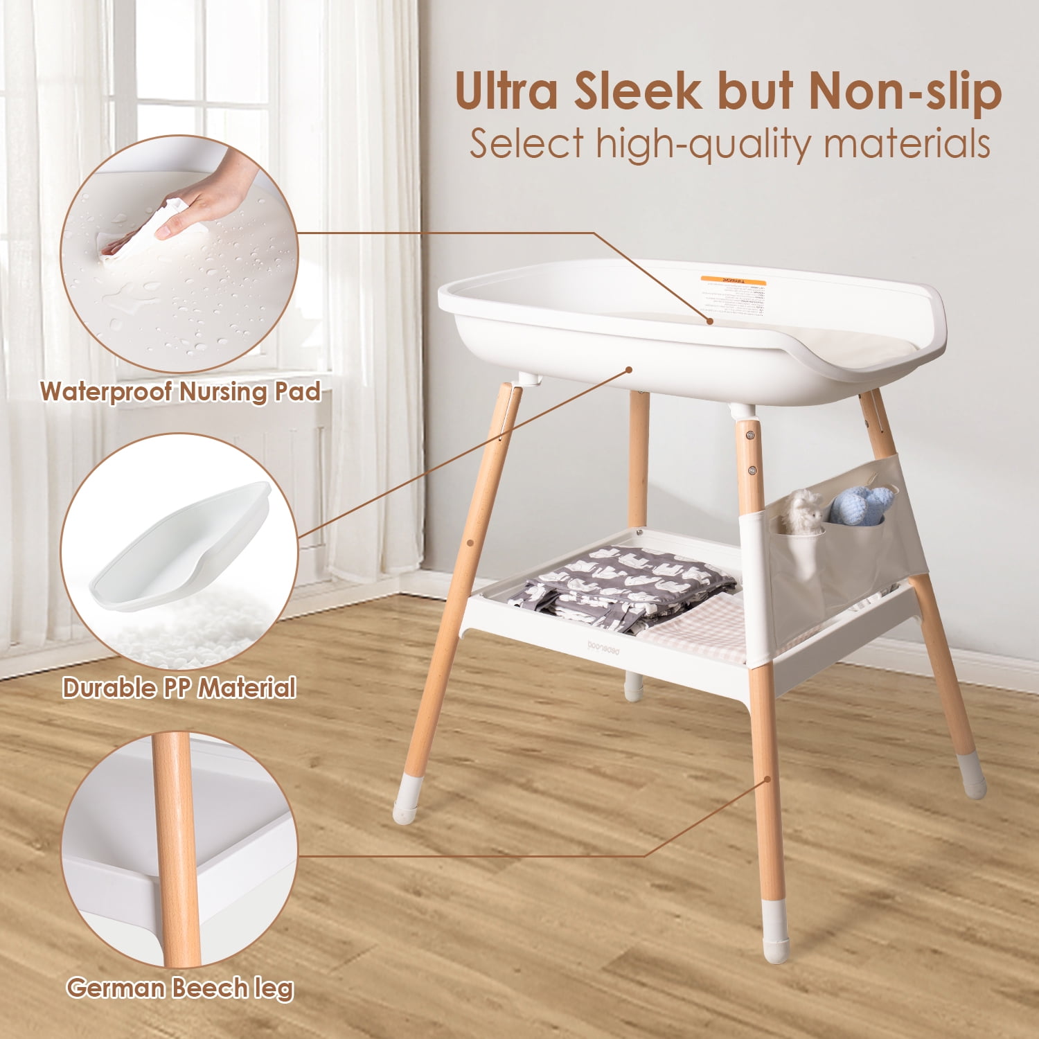 Beberoad Love Baby Changing Table with Changing Pad & Large Storage Rack, Height-Adjustable, White